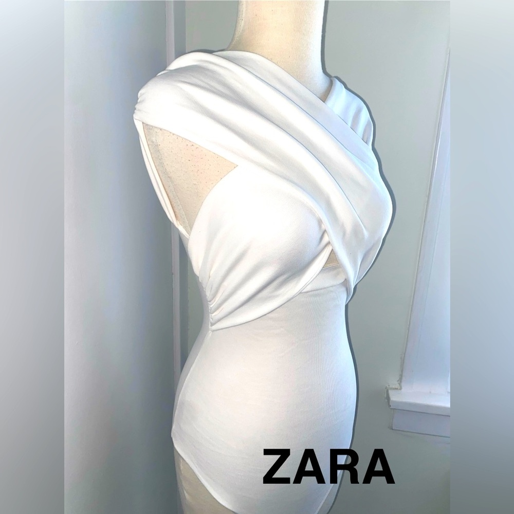 ZARA White Draped Crossover Bodysuit - Size S - NEW